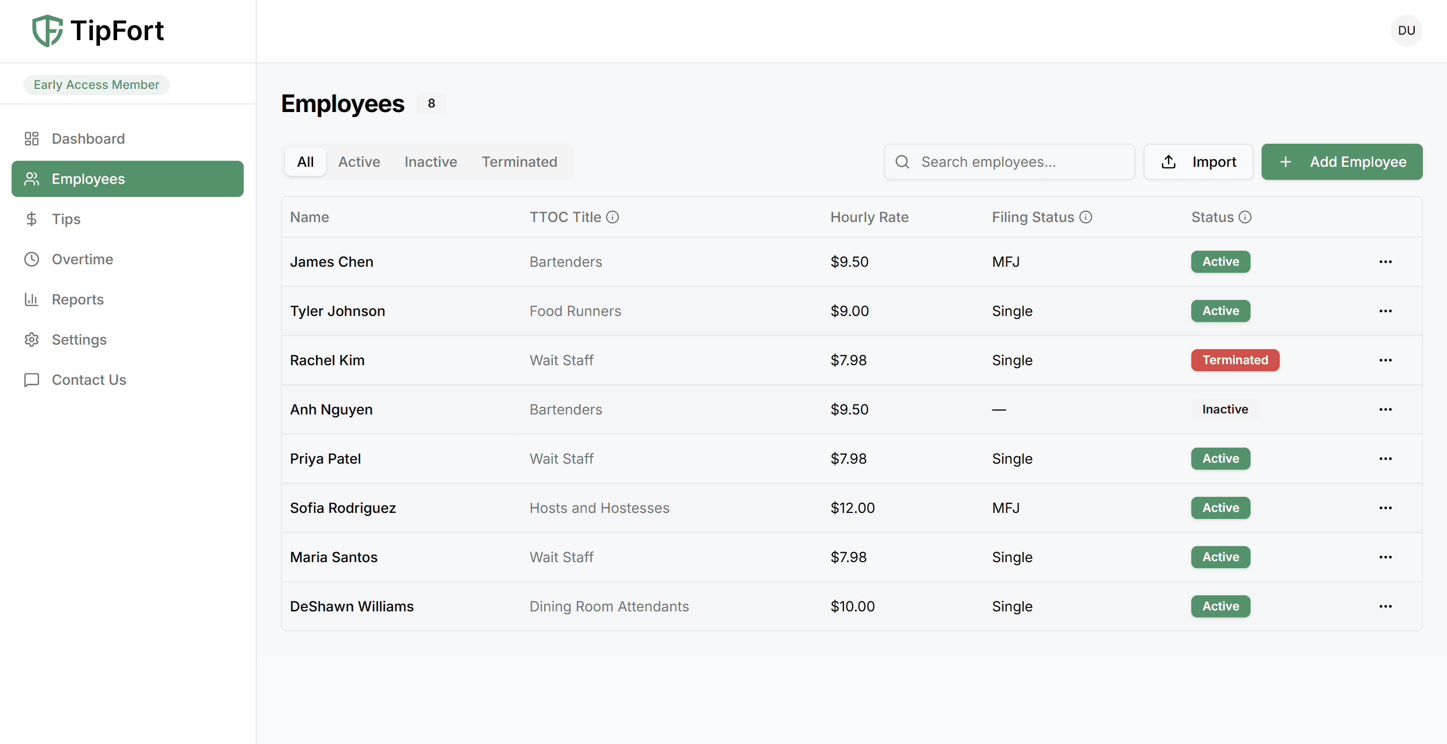 A screenshot of the "Add Employee" modal in the TipFort application.
