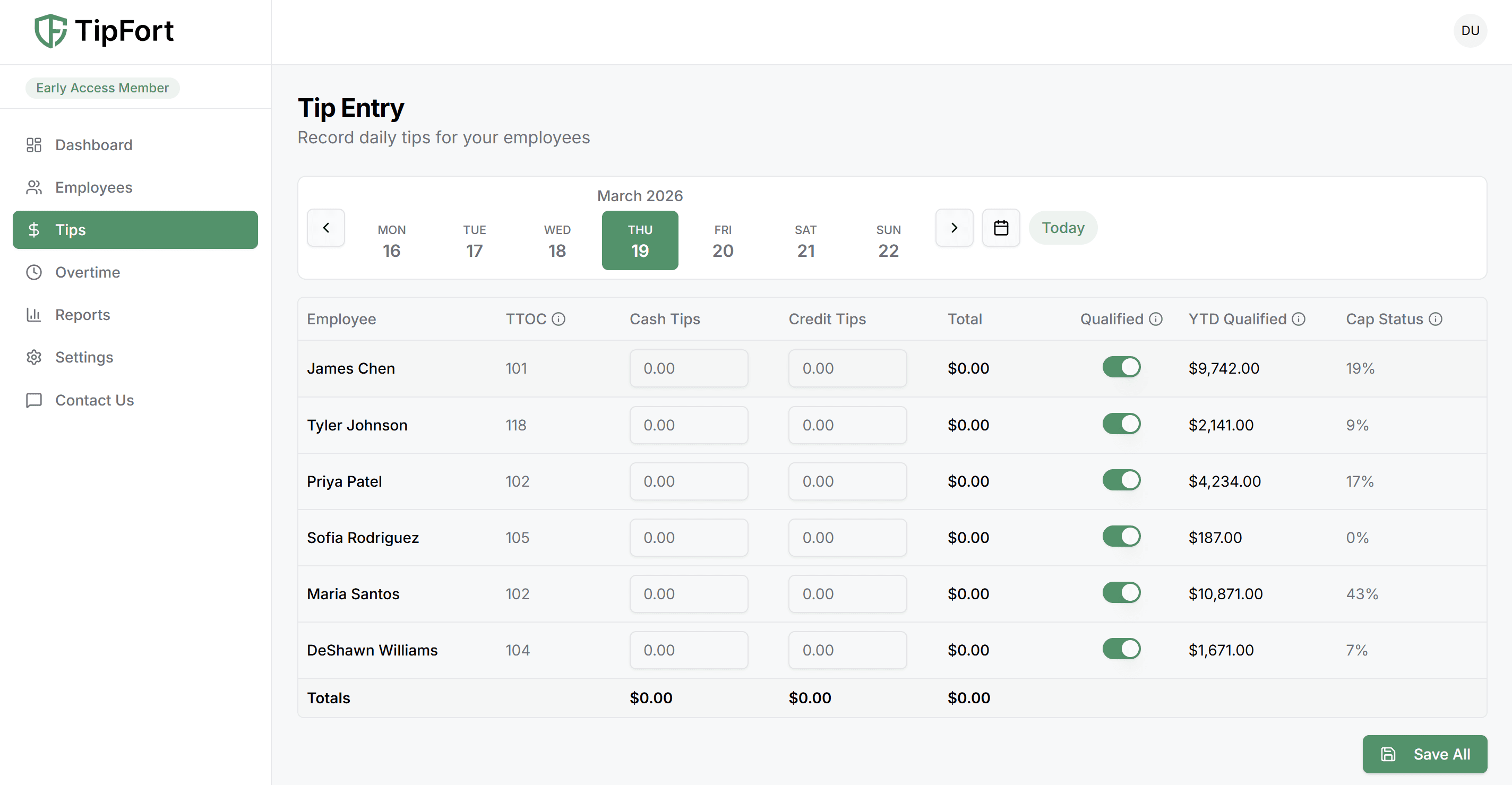 A screenshot of the weekly tip entry form in the TipFort application.